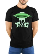 Funny UFO Abduction Cow Graphic Tee Alien Humor Farm Tshirt - model wearing black tee with hands behind back