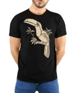 Tropical Toucan Bird Graphic Tee Minimal Jungle Nature Tshirt - model wearing black tee with hands behind back