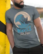 Waves For Days Surf Graphic Tee Retro Ocean Rider Tshirt - model wearing grey tee, leaning on column