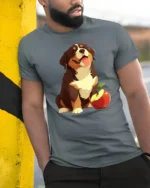 Cute Happy Puppy With Apple Graphic Tee Funny Dog Tshirt - model wearing grey tee, leaning on column