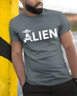 Minimal Alien UFO Graphic Tee Funny Sci Fi Humor Tshirt - model wearing grey tee, leaning on column