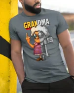 Funny Angry Grandma Graphic Tshirt Sarcastic Humor Tee - model wearing grey tee, leaning on column