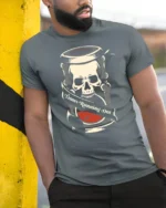 Times Running Out Skull Hourglass Graphic Tee Gothic Tshirt - model wearing grey tee, leaning on column