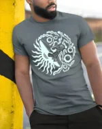 Retro Surfer Sun Graphic Tee Ocean Wave Vintage Style Tshirt - model wearing grey tee, leaning on column