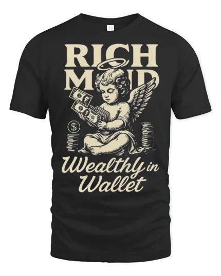 Rich Mind Wealthy Wallet Angel Money Vintage Graphic Tee - black t-shirt on white background
