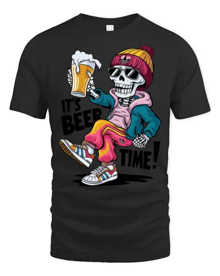 Its Beer Time Funny Skeleton Street Style Graphic Tee - black t-shirt on white background