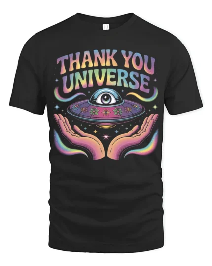 Thank You Universe Cosmic Eye Spiritual Vibes Graphic Tee - black t-shirt on white background