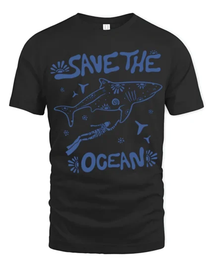 Save The Ocean Whale Diver Conservation Graphic Tee - black t-shirt on white background
