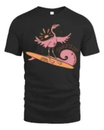 Surfing Flamingo Surfs Up Beach Vibes Funny Graphic Tee - black t-shirt on white background
