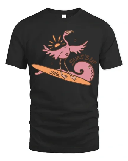 Surfing Flamingo Surfs Up Beach Vibes Funny Graphic Tee - black t-shirt on white background