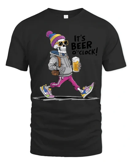 Its Beer Oclock Cool Skeleton Drinking Graphic Tshirt - black t-shirt on white background