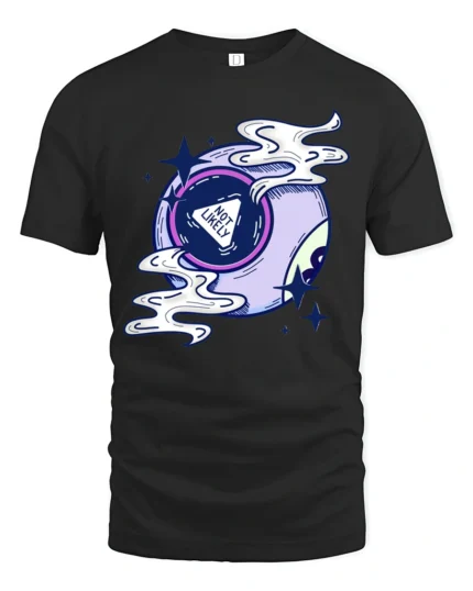 Not Likely Magic Eight Ball Graphic Tee Cosmic Humor Tshirt - black t-shirt on white background