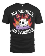 No Hurries No Worries Funny Snail Skull Graphic Tee - black t-shirt on white background