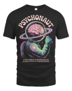 Psychonaut Cosmic Mind Explorer Astronaut Graphic Tee - black t-shirt on white background