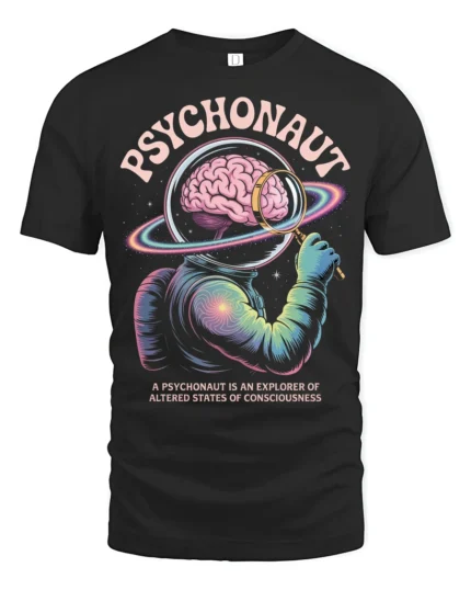 Psychonaut Cosmic Mind Explorer Astronaut Graphic Tee - black t-shirt on white background