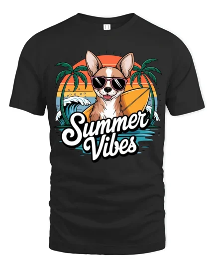 Summer Vibes Chihuahua Surf Dog Graphic Tee Beach Fun Tshirt - black t-shirt on white background
