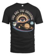 You Are The Universe Cosmic Eye Planets Graphic Tee - black t-shirt on white background