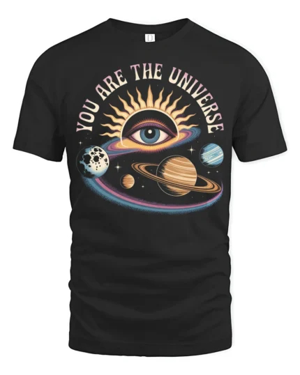You Are The Universe Cosmic Eye Planets Graphic Tee - black t-shirt on white background