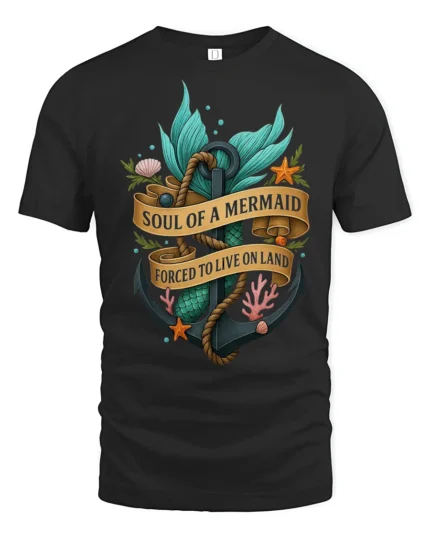 Soul Of A Mermaid Forced To Live On Land Graphic Tee - black t-shirt on white background