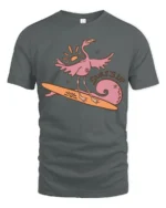 Surfing Flamingo Surfs Up Beach Vibes Funny Graphic Tee - gray t-shirt on white background