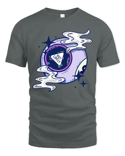 Not Likely Magic Eight Ball Graphic Tee Cosmic Humor Tshirt - gray t-shirt on white background