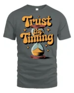 Trust The Timing Retro Hourglass Motivational Graphic Tee - gray t-shirt on white background