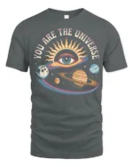 You Are The Universe Cosmic Eye Planets Graphic Tee - gray t-shirt on white background