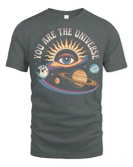 You Are The Universe Cosmic Eye Planets Graphic Tee - gray t-shirt on white background