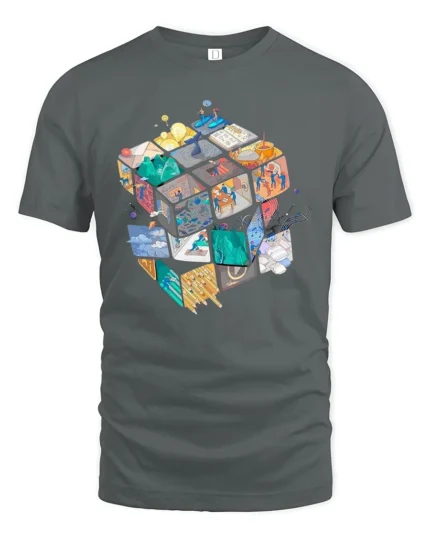 Creative Cube Life Scenes Abstract Artistic Graphic Tee - gray t-shirt on white background