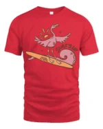Surfing Flamingo Surfs Up Beach Vibes Funny Graphic Tee - red t-shirt on white background