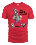Its Beer Oclock Cool Skeleton Drinking Graphic Tshirt - red t-shirt on white background