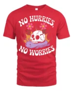 No Hurries No Worries Funny Snail Skull Graphic Tee - red t-shirt on white background