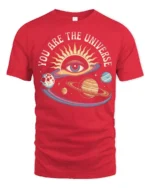 You Are The Universe Cosmic Eye Planets Graphic Tee - red t-shirt on white background