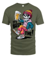 Its Beer Time Funny Skeleton Street Style Graphic Tee - military green t-shirt on white background