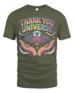 Thank You Universe Cosmic Eye Spiritual Vibes Graphic Tee - military green t-shirt on white background