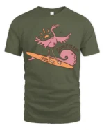 Surfing Flamingo Surfs Up Beach Vibes Funny Graphic Tee - military green t-shirt on white background