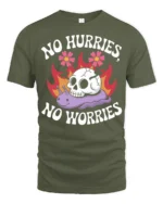 No Hurries No Worries Funny Snail Skull Graphic Tee - military green t-shirt on white background