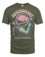 Psychonaut Cosmic Mind Explorer Astronaut Graphic Tee - military green t-shirt on white background