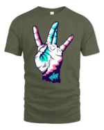 Neon Hand Gesture Street Style Graphic Tee Cool Vibe Tshirt - military green t-shirt on white background