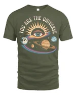 You Are The Universe Cosmic Eye Planets Graphic Tee - military green t-shirt on white background