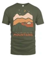 Life Is Better In The Mountains Vintage Nature Graphic Tee - military green t-shirt on white background
