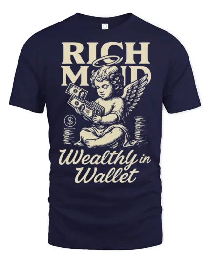 Rich Mind Wealthy Wallet Angel Money Vintage Graphic Tee - navy t-shirt on white background