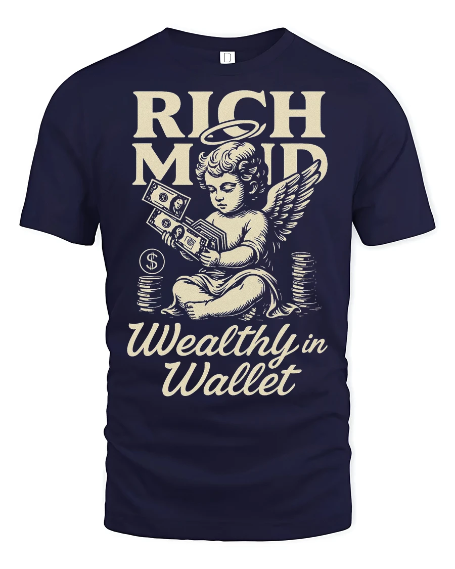 Rich Mind Wealthy Wallet Angel Money Vintage Graphic Tee - 1 Rich Mind Wealthy Wallet Angel Money Vintage Graphic Tee - navy t-shirt on white background