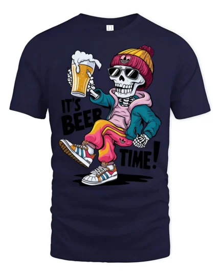 Its Beer Time Funny Skeleton Street Style Graphic Tee - navy t-shirt on white background