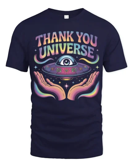 Thank You Universe Cosmic Eye Spiritual Vibes Graphic Tee - navy t-shirt on white background
