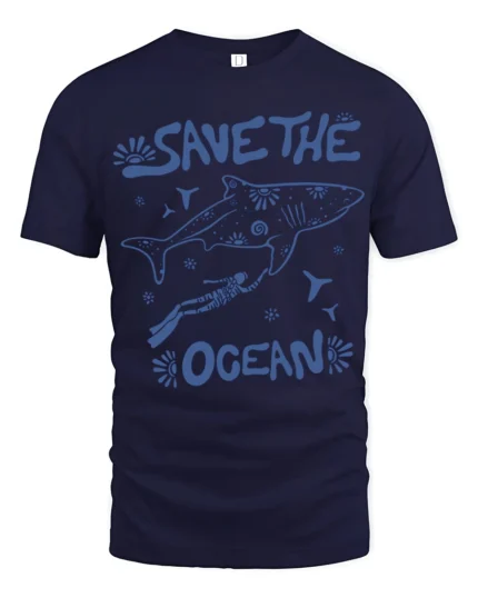 Save The Ocean Whale Diver Conservation Graphic Tee - navy t-shirt on white background