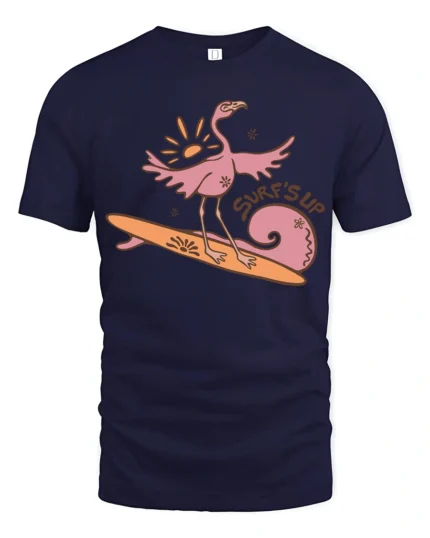 Surfing Flamingo Surfs Up Beach Vibes Funny Graphic Tee - navy t-shirt on white background