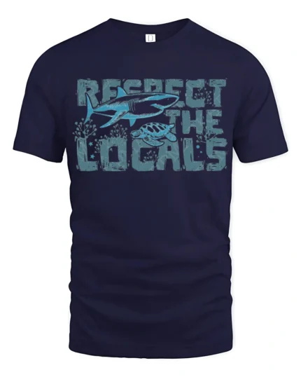 Respect The Locals Shark Turtle Ocean Graphic Tee - navy t-shirt on white background