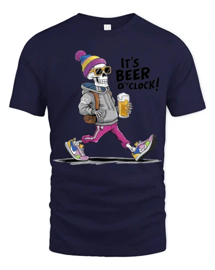 Its Beer Oclock Cool Skeleton Drinking Graphic Tshirt - navy t-shirt on white background