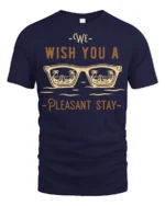 We Wish You A Pleasant Stay Vacation Vibes Graphic Tee - navy t-shirt on white background